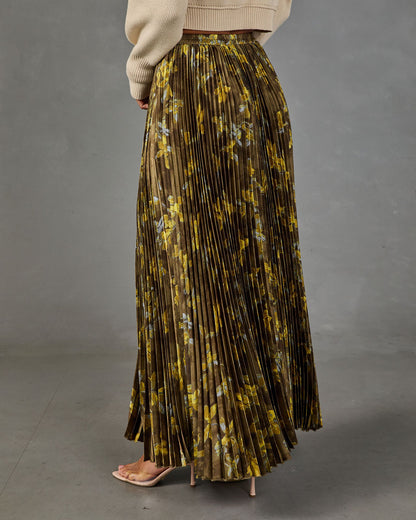 Autumn Reverie Pleated Floral Satin Maxi Skirt