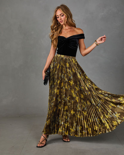 Autumn Reverie Pleated Floral Satin Maxi Skirt