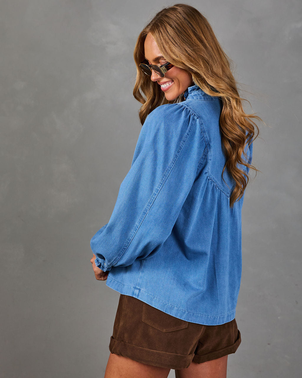 Aldina Ruffle Collar Denim Top