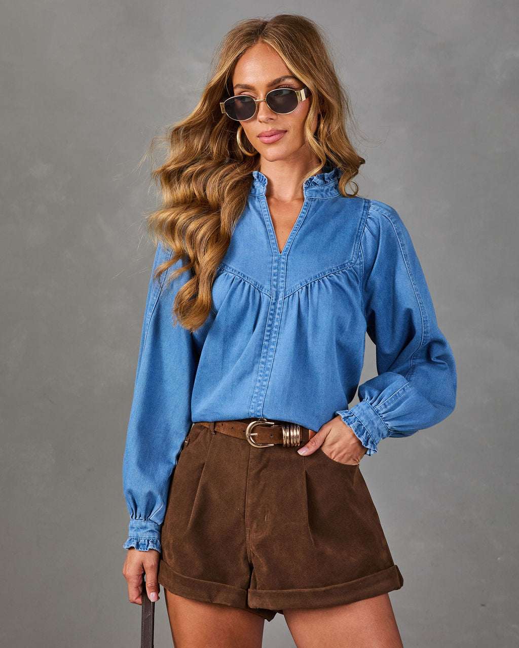 Aldina Ruffle Collar Denim Top