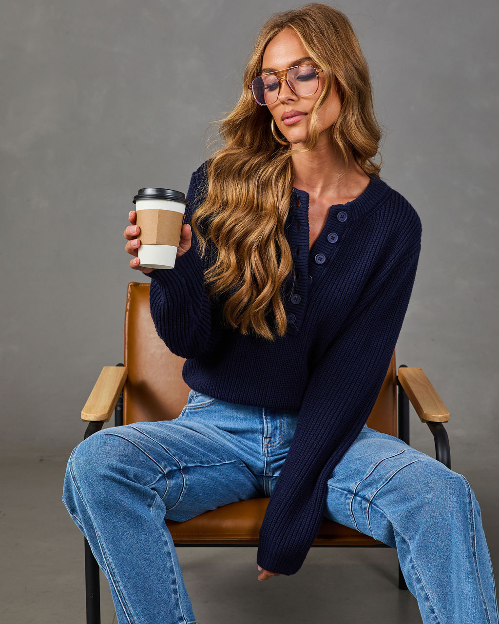 Gather Round Ribbed Knit Henley Sweater