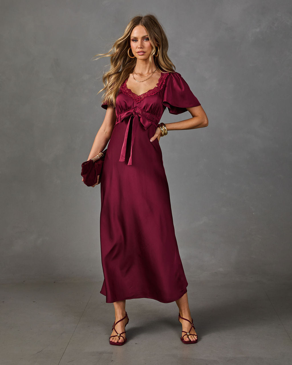 Natalya Satin Lace Trim Waist Tie Midi Dress
