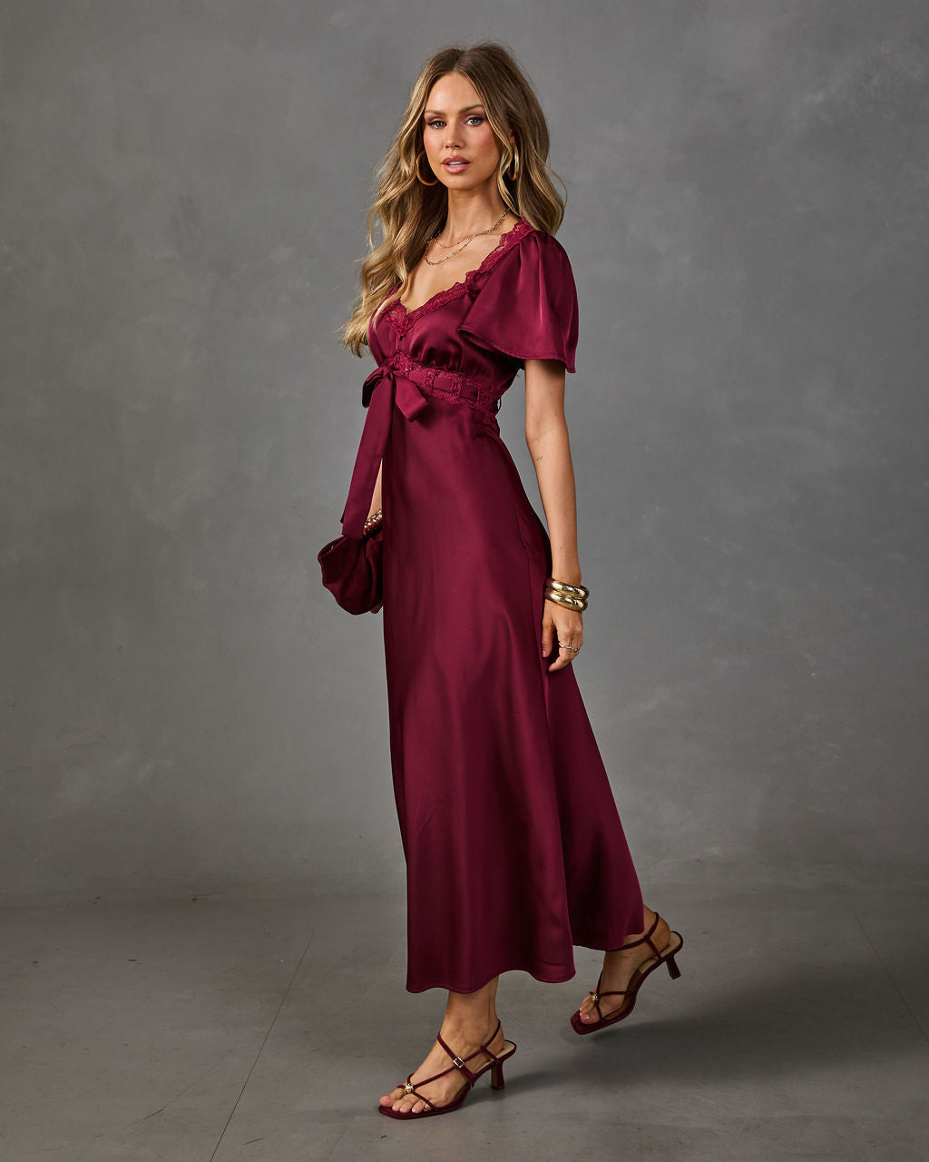 Natalya Satin Lace Trim Waist Tie Midi Dress