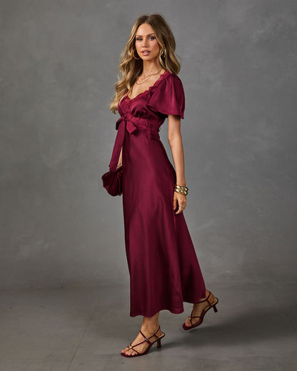 Natalya Satin Lace Trim Waist Tie Midi Dress
