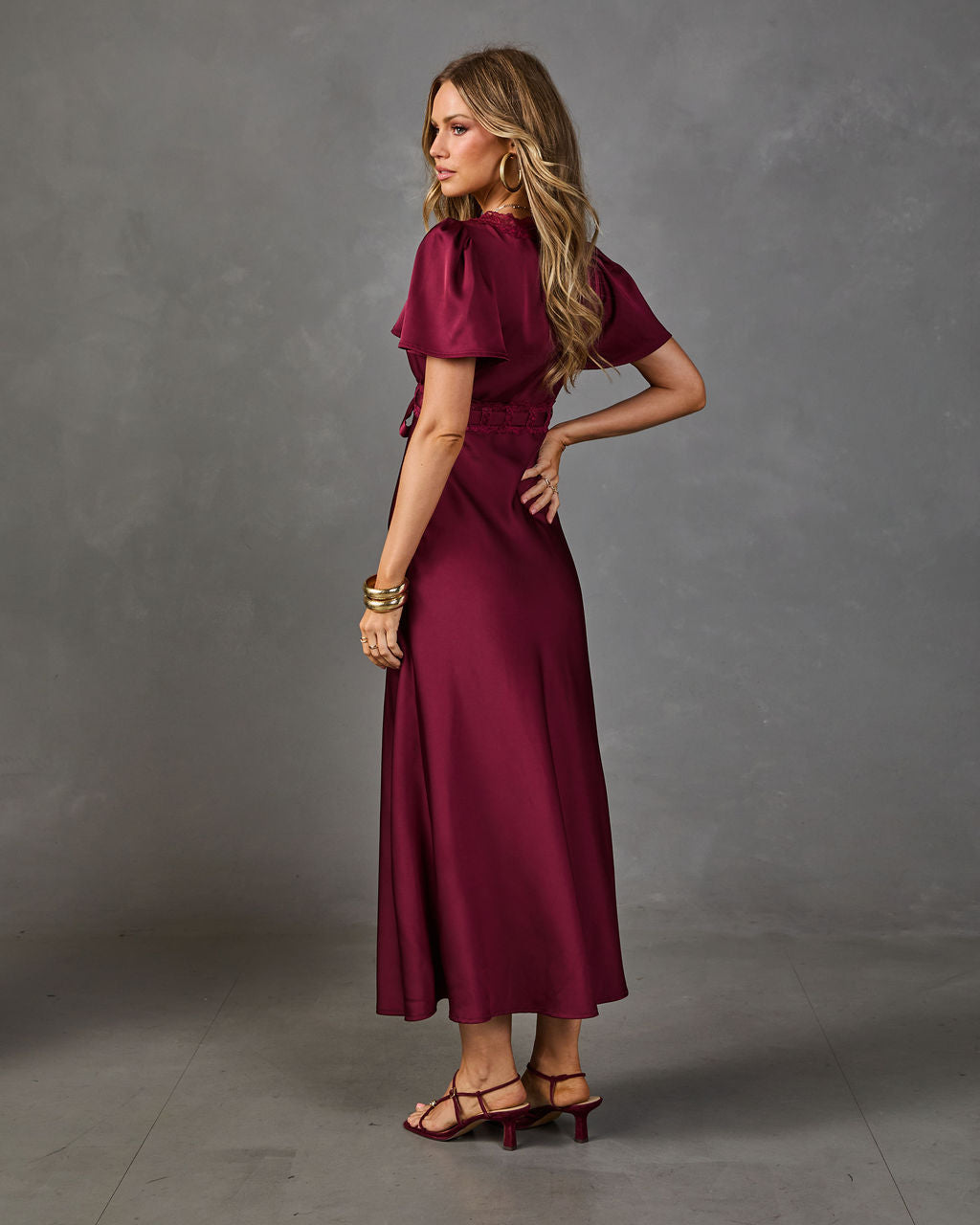 Natalya Satin Lace Trim Waist Tie Midi Dress