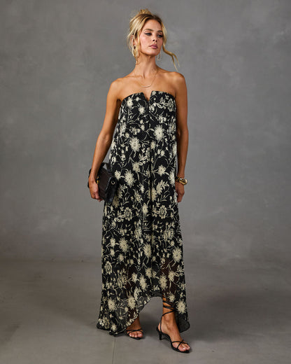 Adrenia Pleated Mesh Metallic Floral Maxi Dress
