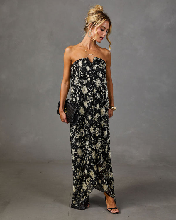 Adrenia Pleated Mesh Metallic Floral Maxi Dress