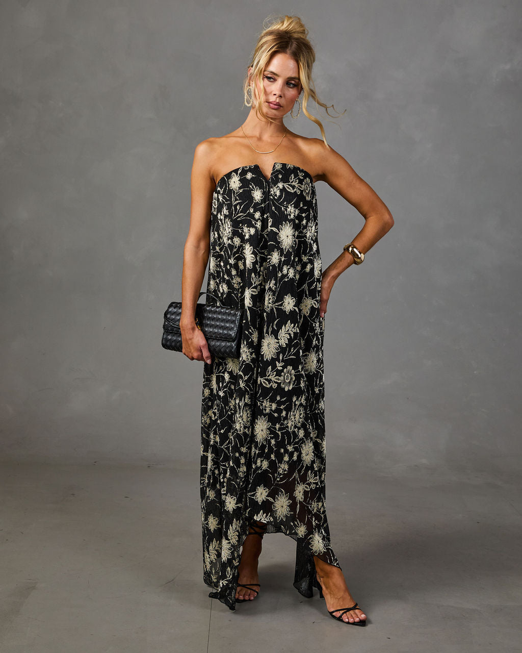 Adrenia Pleated Mesh Metallic Floral Maxi Dress