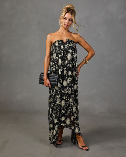 Adrenia Pleated Mesh Metallic Floral Maxi Dress