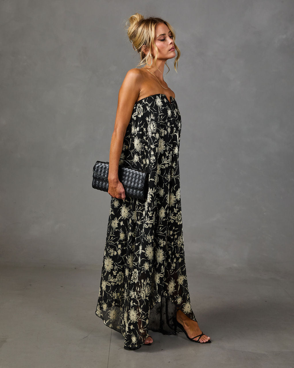 Adrenia Pleated Mesh Metallic Floral Maxi Dress