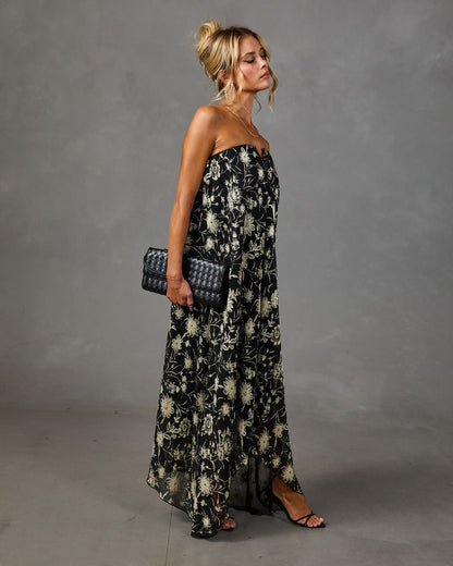 Adrenia Pleated Mesh Metallic Floral Maxi Dress
