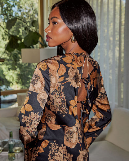 Amber Gathering Satin Floral Maxi Dress