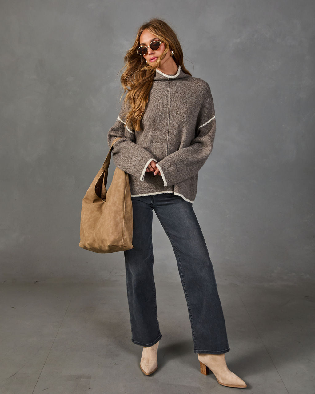 Cozy Whim Knit Contrast Trim Turtleneck Sweater