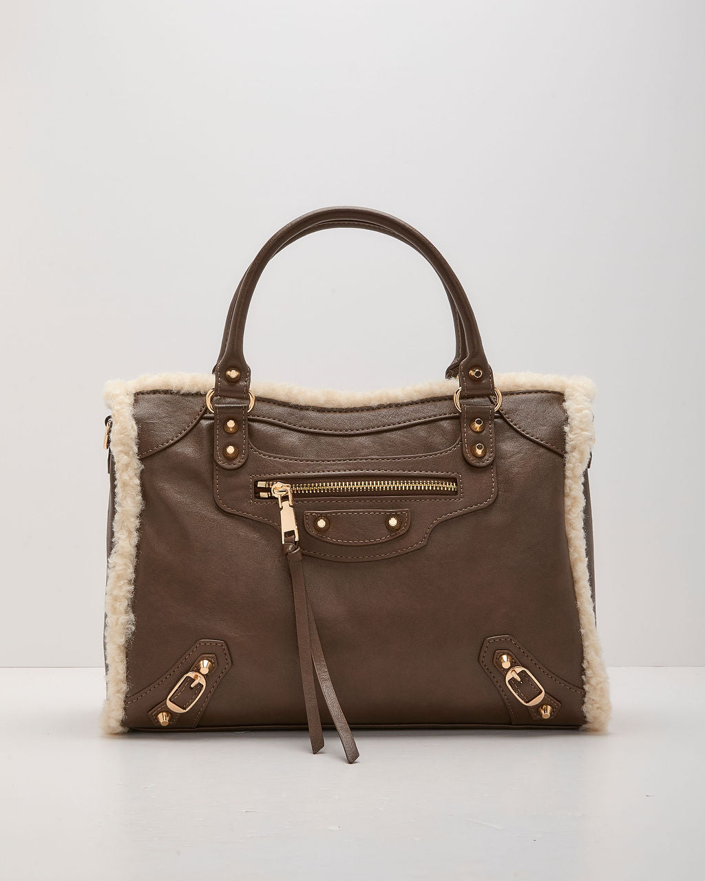 Brooklyn Vegan Leather Sherpa Trim Shoulder Bag