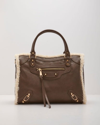 Brooklyn Vegan Leather Sherpa Trim Shoulder Bag