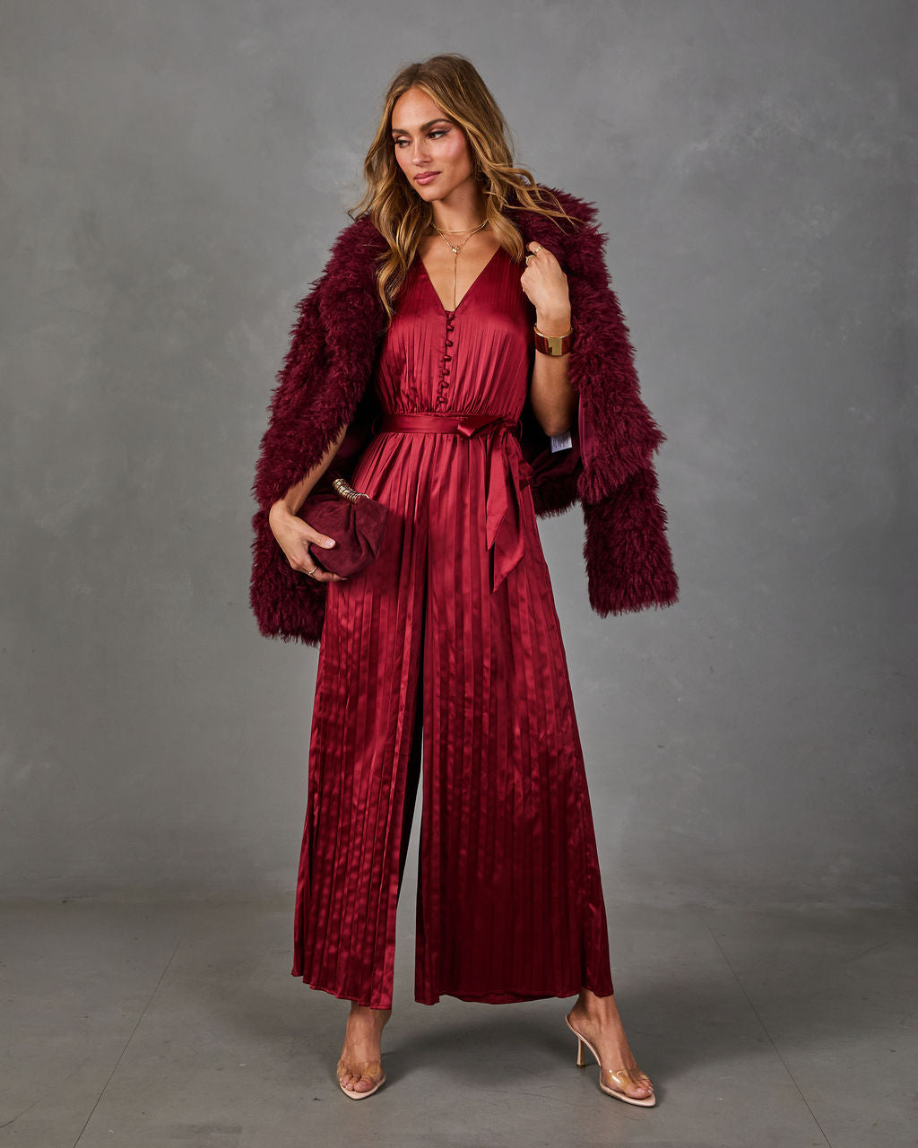 Little Romance Pleated Satin Waist Tie Jumpsuit