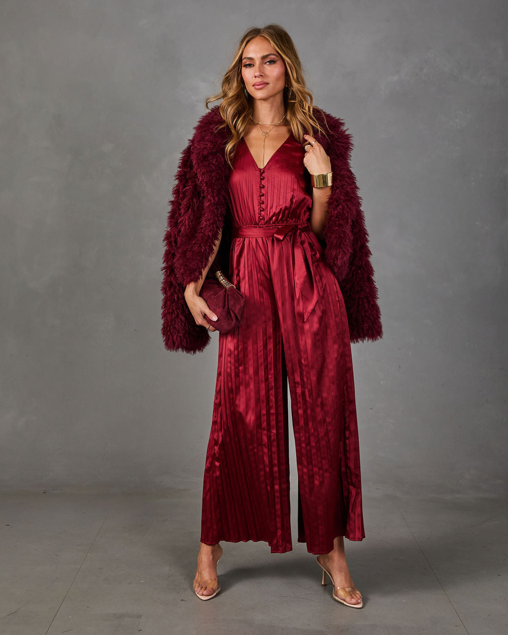 Little Romance Pleated Satin Waist Tie Jumpsuit
