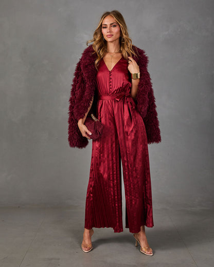 Little Romance Pleated Satin Waist Tie Jumpsuit