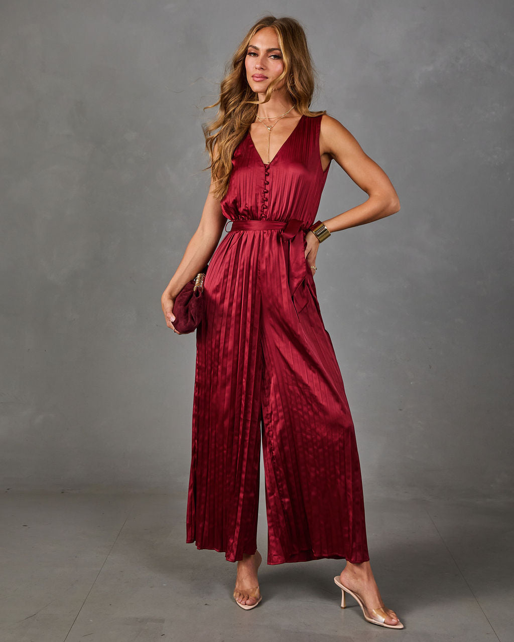 Little Romance Pleated Satin Waist Tie Jumpsuit