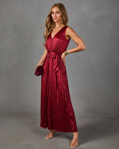Little Romance Pleated Satin Waist Tie Jumpsuit