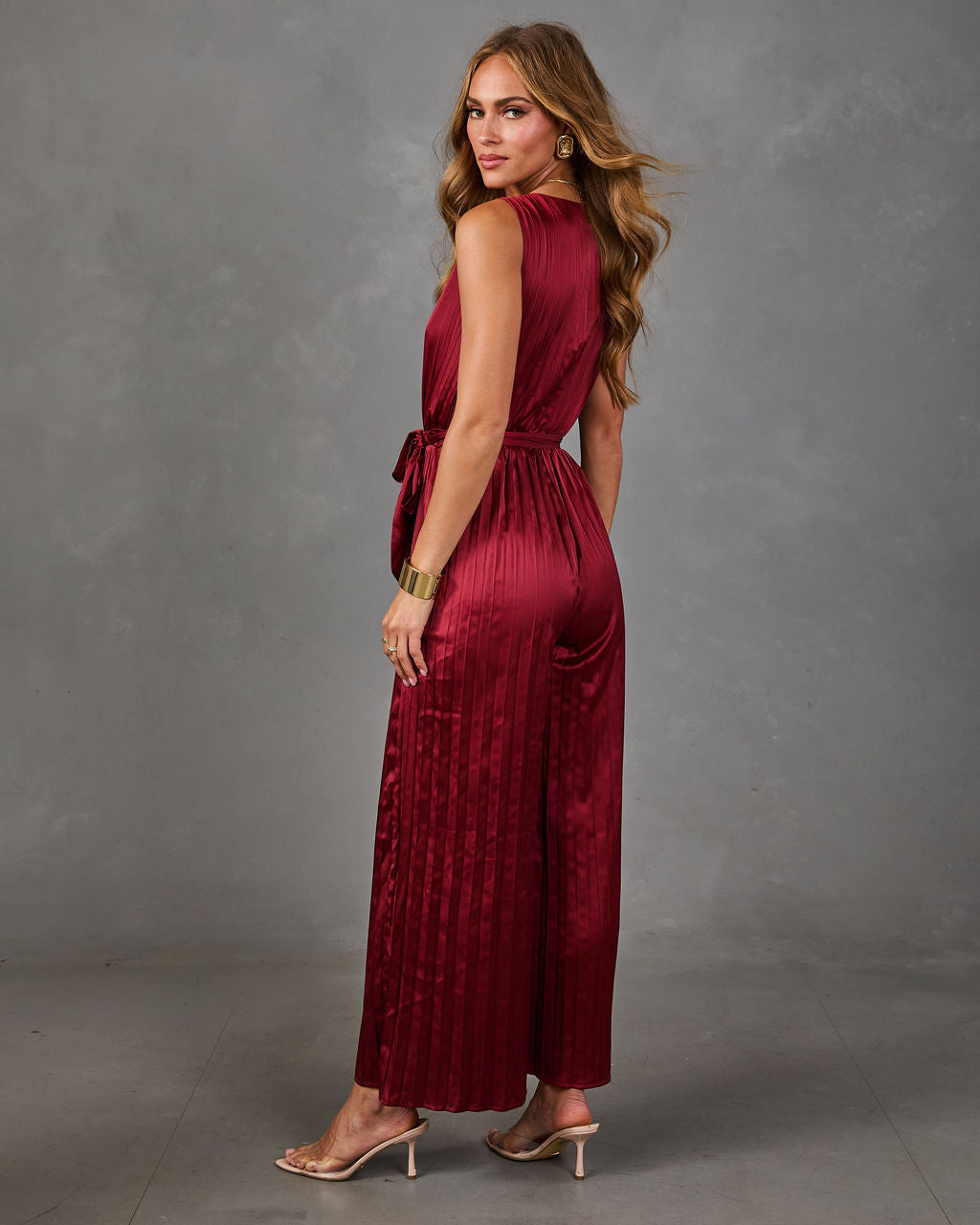Little Romance Pleated Satin Waist Tie Jumpsuit