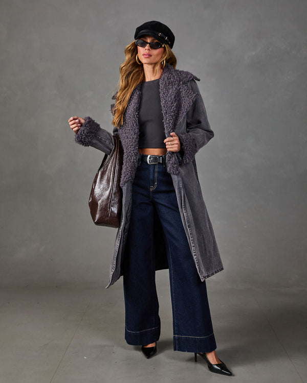 Roma Faux Fur Trim Waist Tie Denim Coat