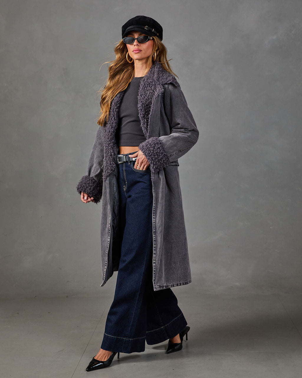 Roma Faux Fur Trim Waist Tie Denim Coat