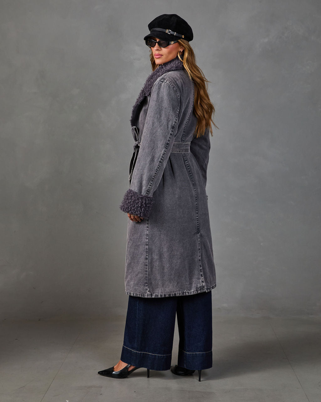 Roma Faux Fur Trim Waist Tie Denim Coat