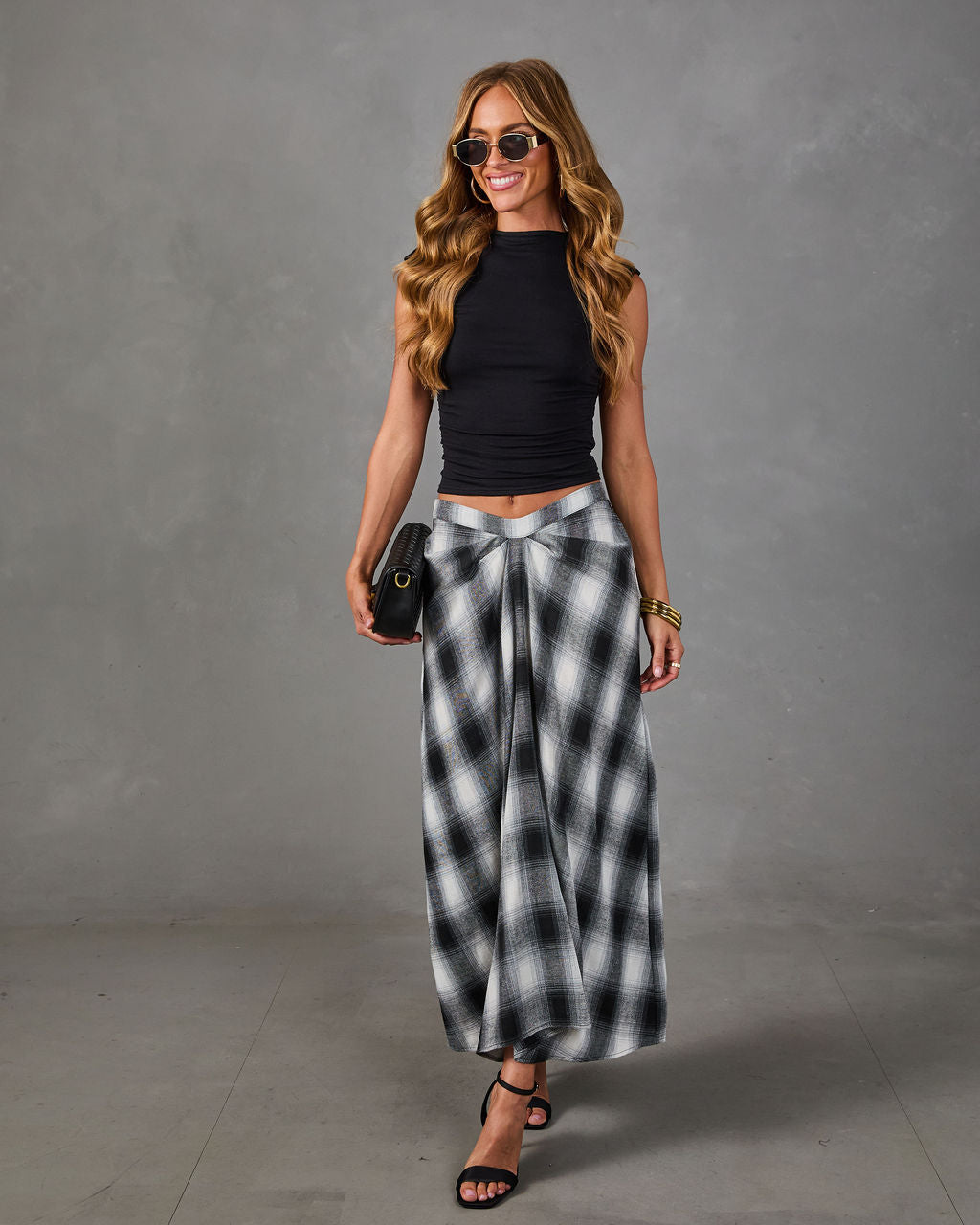 Coming Together Draped Plaid Maxi Skirt