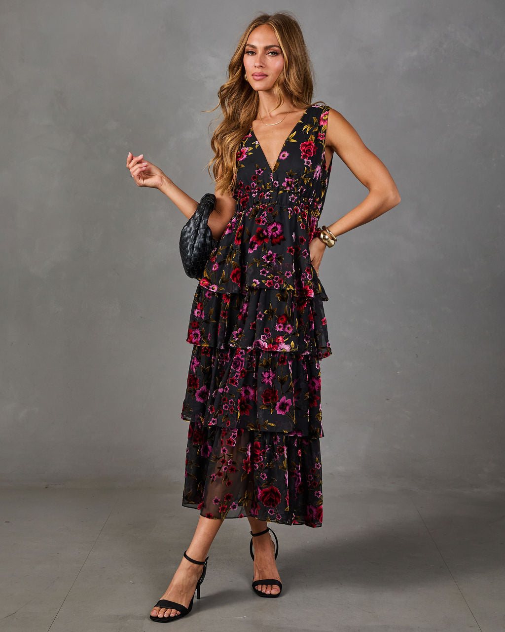 Roaming Rose Tiered Mesh Flocked Velvet Floral Maxi Dress