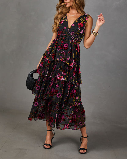 Roaming Rose Tiered Mesh Flocked Velvet Floral Maxi Dress