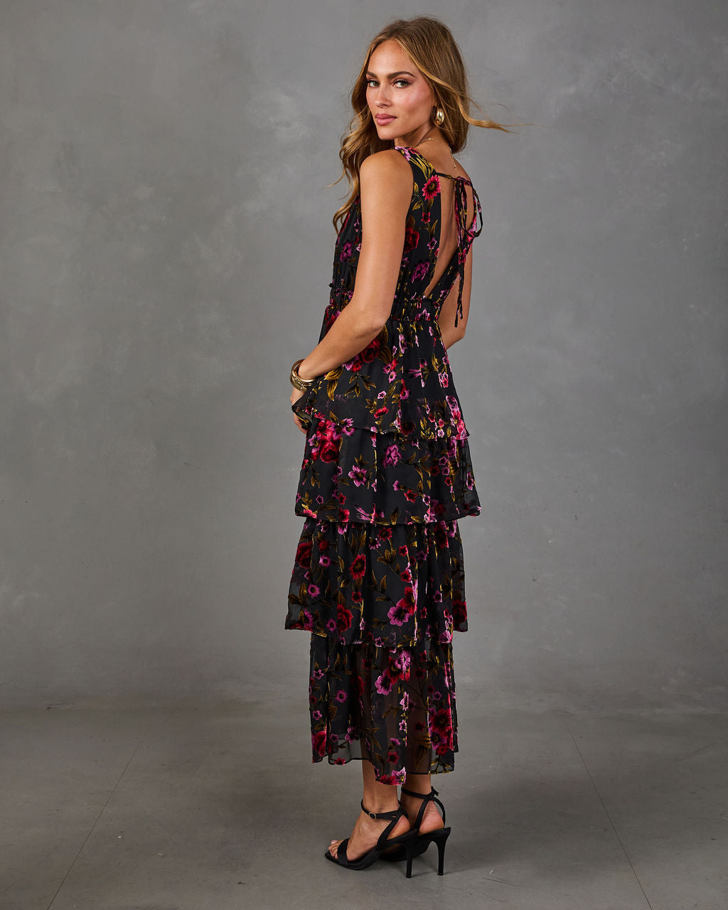 Roaming Rose Tiered Mesh Flocked Velvet Floral Maxi Dress