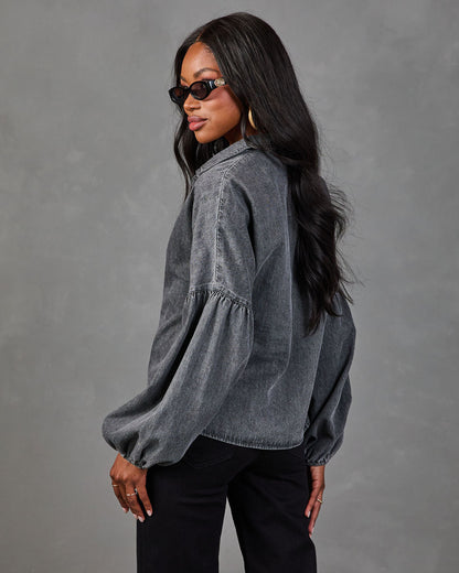 Apple Picking Denim Balloon Sleeve Blouse