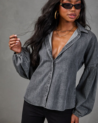 Apple Picking Denim Balloon Sleeve Blouse