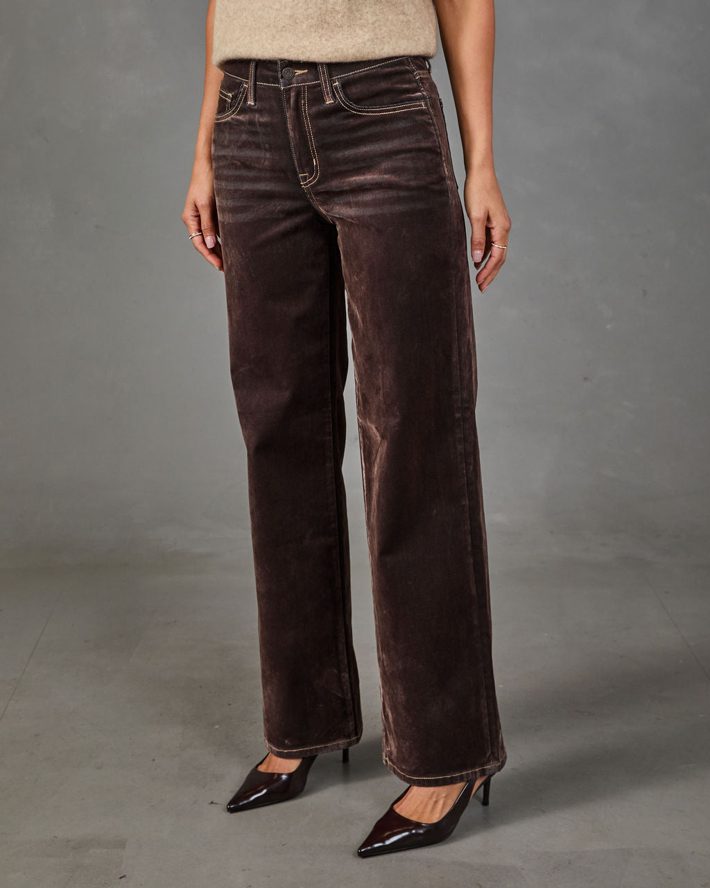 Rust Ballad Flocked Velvet Mid Rise Wide Leg Jeans