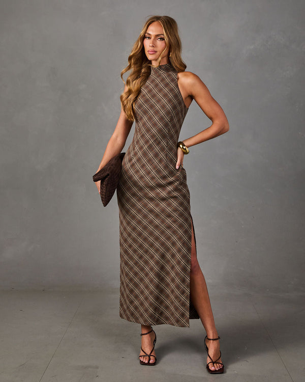 Living Well Plaid Mock Neck Maxi Dress