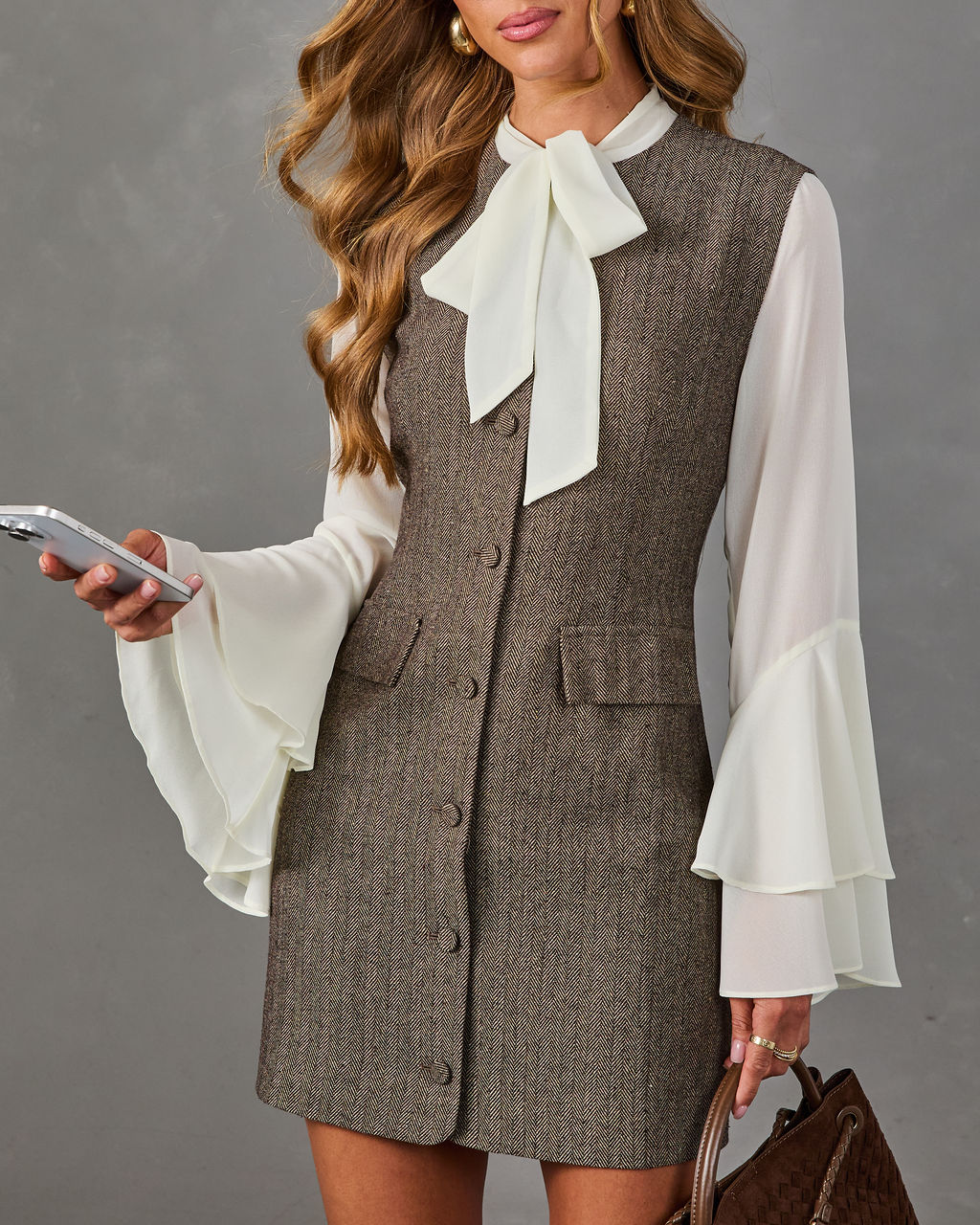 Zilla Bow Sleeve Herringbone Neck Tie Mini Dress
