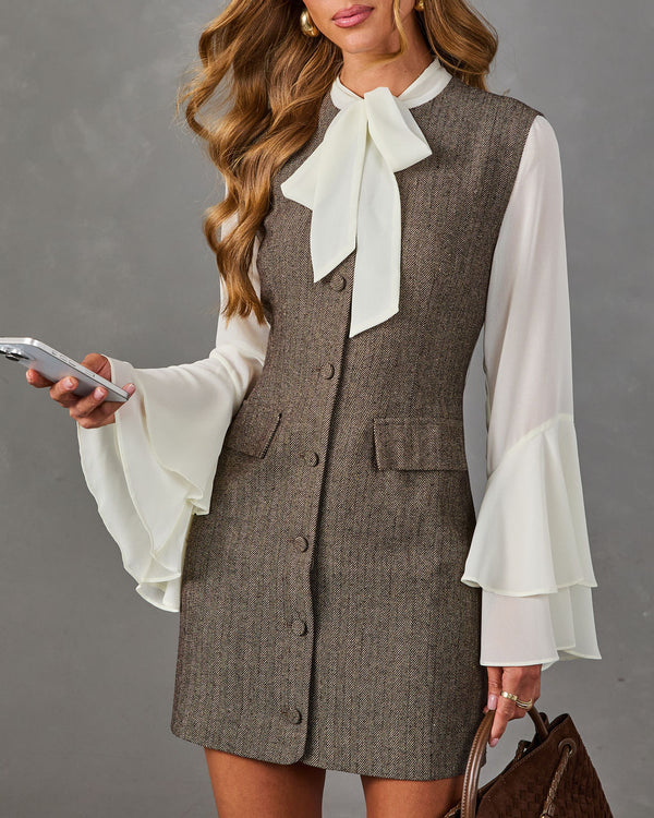 Zilla Bow Sleeve Herringbone Neck Tie Mini Dress