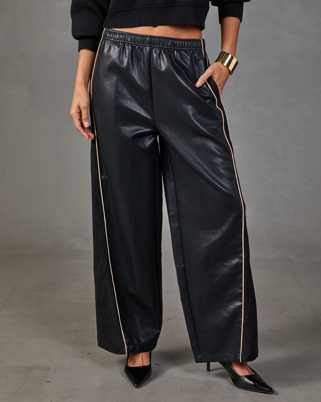 Lucca Vegan Leather Contrast Trim Wide Leg Pants