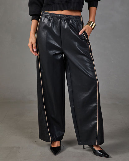 Lucca Vegan Leather Contrast Trim Wide Leg Pants