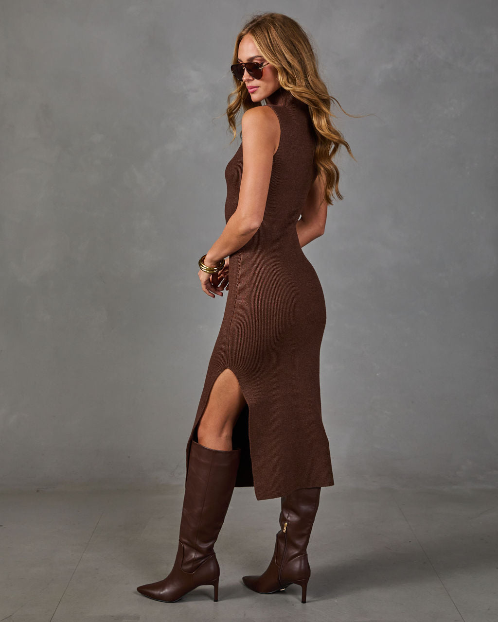 Chestnut Charm Knit Turtleneck Midi Dress