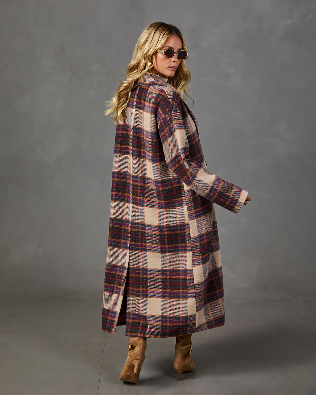 Prep Social Double Breasted Plaid Longline Coat