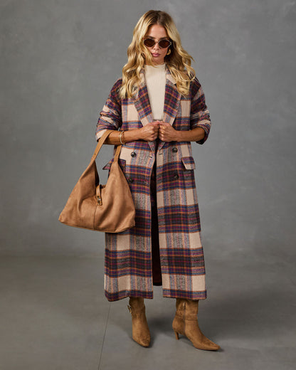 Prep Social Double Breasted Plaid Longline Coat