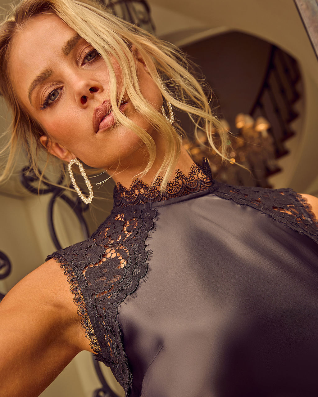 After You Satin Lace Mock Neck Mini Dress