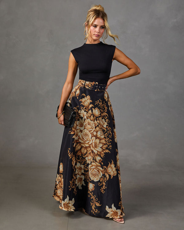 Almost Midnight Belted Floral Maxi Skirt