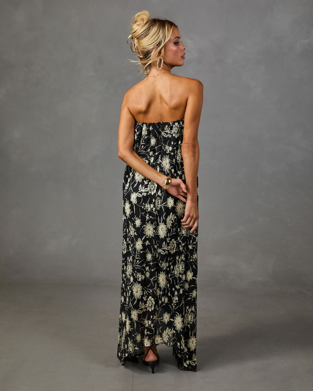 Adrenia Pleated Mesh Metallic Floral Maxi Dress