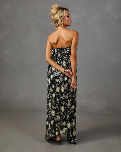 Adrenia Pleated Mesh Metallic Floral Maxi Dress