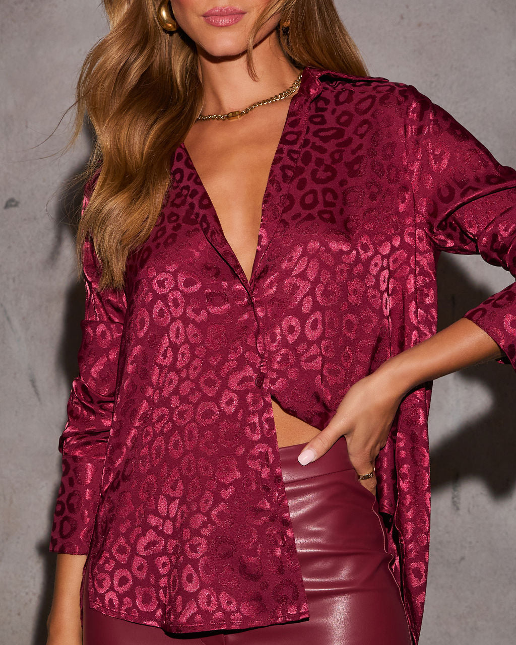 Willah Satin Embossed Button Down Top