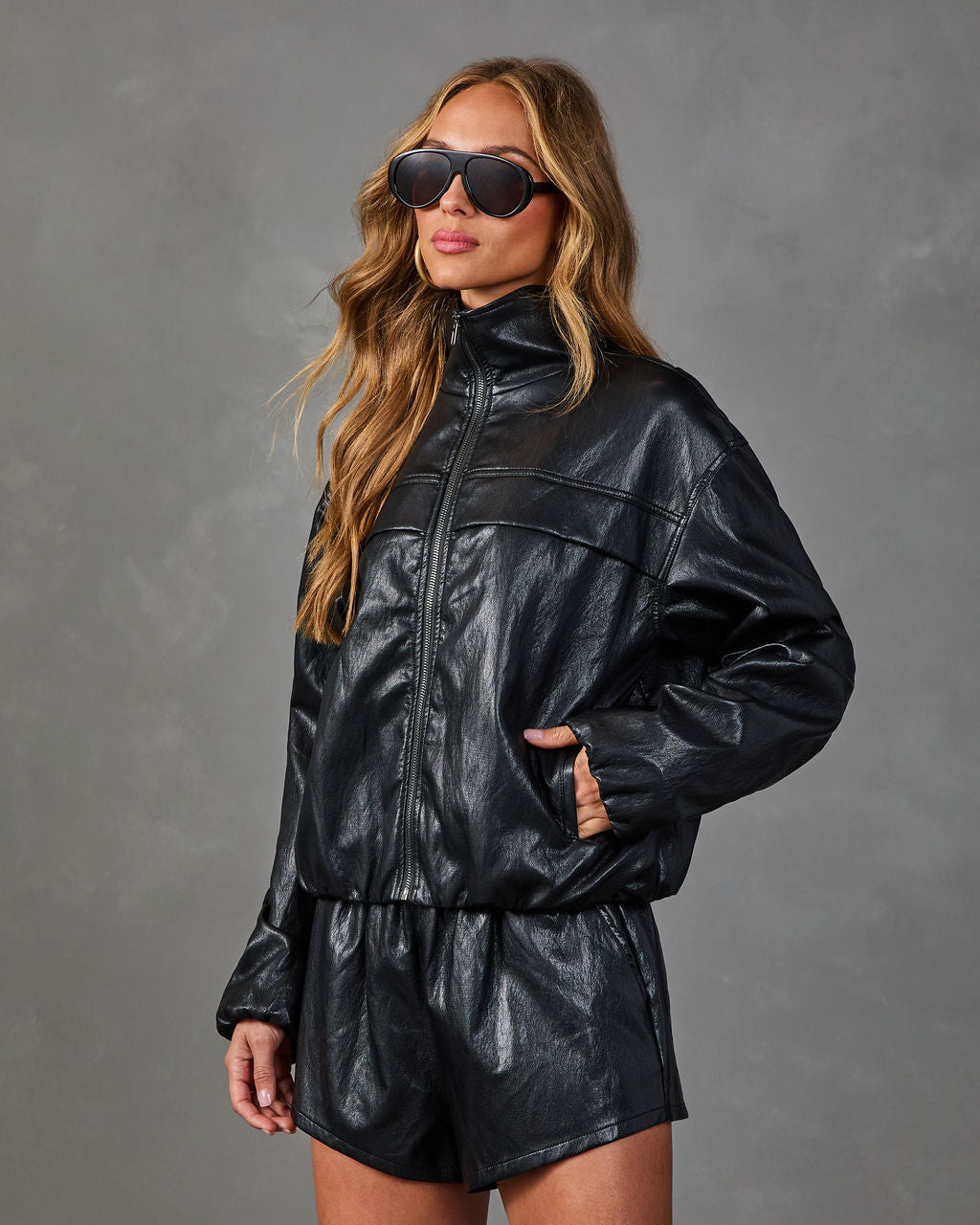 Sharp Romance Vegan Leather Funnel Neck Jacket