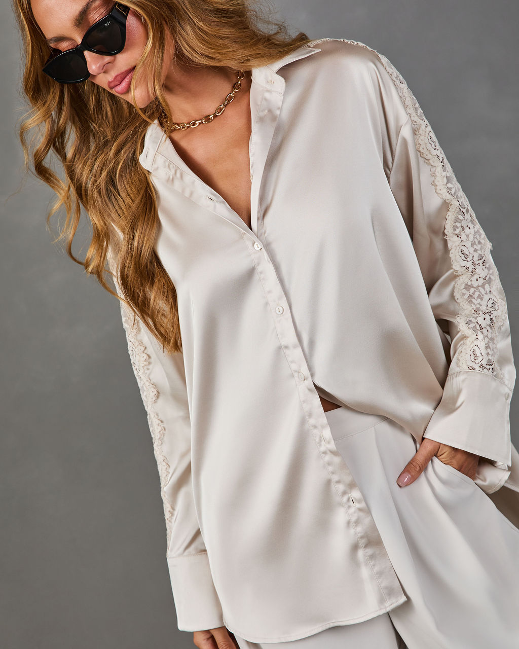 Darling Society Satin Lace Trim Blouse